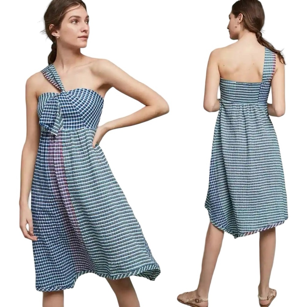 Anthropologie Maeve Waverly Plaid Gingham One Shoulder Asymmetric Dress